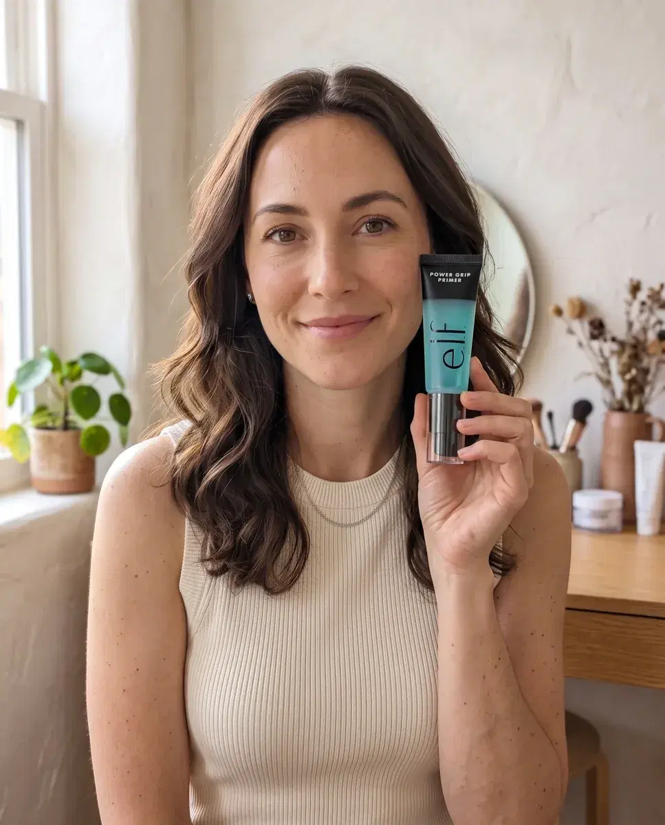 Creator-style product photo: a woman holding a tube of e.l.f. Power Grip Primer